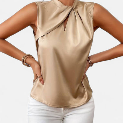 Auvier | Sleeveless Satin Blouse with Twisted Collar – Subtle Shine, Sculpted Elegance