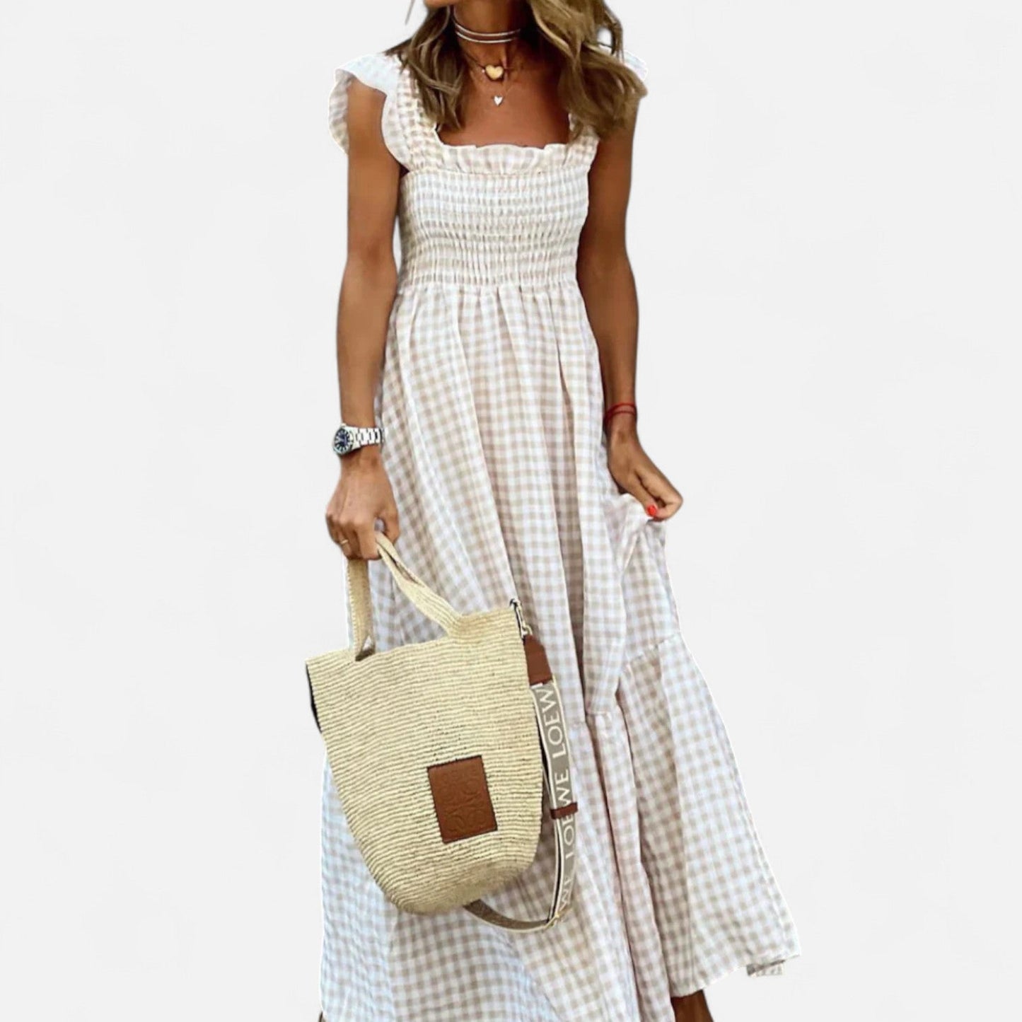 Auvier | Women’s Long Checked Dress with Smocking and Ruffled Sleeves – Countryside Charm, Modern Elegance