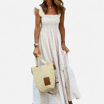Auvier | Women’s Long Checked Dress with Smocking and Ruffled Sleeves – Countryside Charm, Modern Elegance