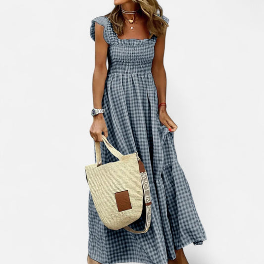 Auvier | Women’s Long Checked Dress with Smocking and Ruffled Sleeves – Countryside Charm, Modern Elegance