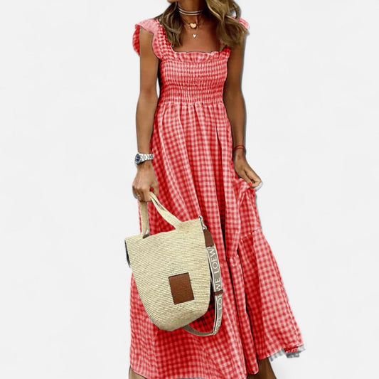 Auvier | Women’s Long Checked Dress with Smocking and Ruffled Sleeves – Countryside Charm, Modern Elegance