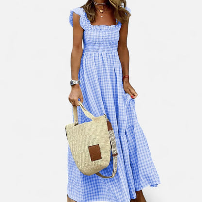 Auvier | Women’s Long Checked Dress with Smocking and Ruffled Sleeves – Countryside Charm, Modern Elegance