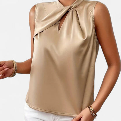 Auvier | Sleeveless Satin Blouse with Twisted Collar – Subtle Shine, Sculpted Elegance