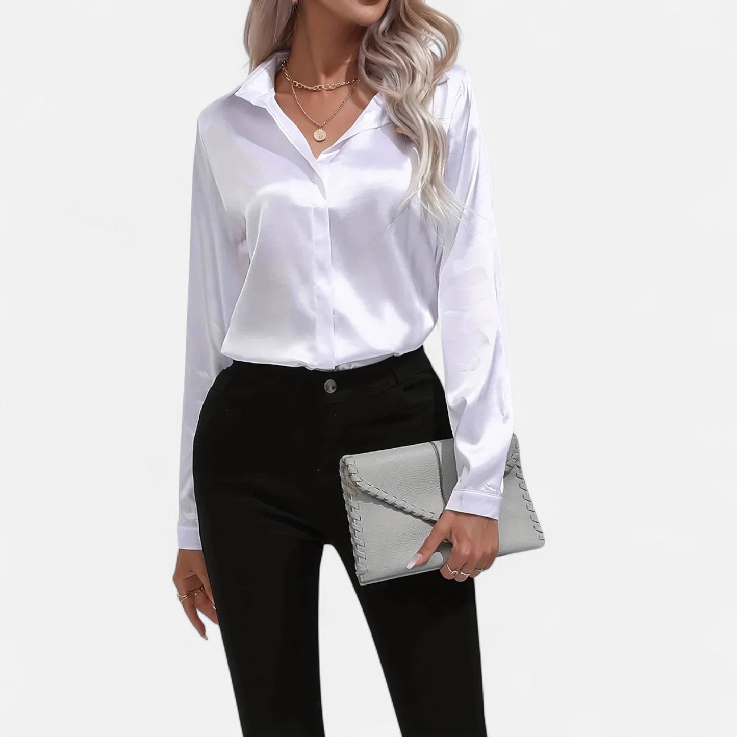 Auvier | Satin Summer Shirt for Women – Elongated V-Neck, Luxurious Lightness