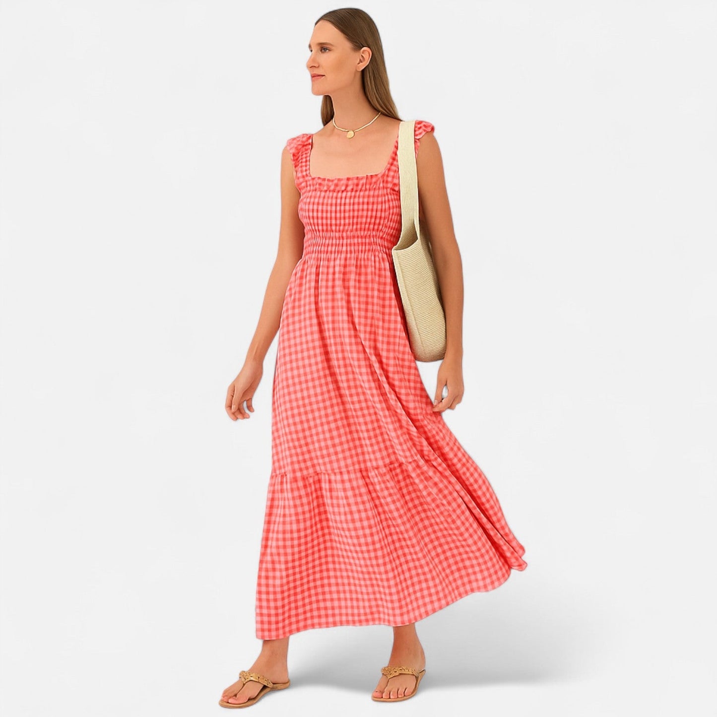 Auvier | Women’s Long Checked Dress with Smocking and Ruffled Sleeves – Countryside Charm, Modern Elegance