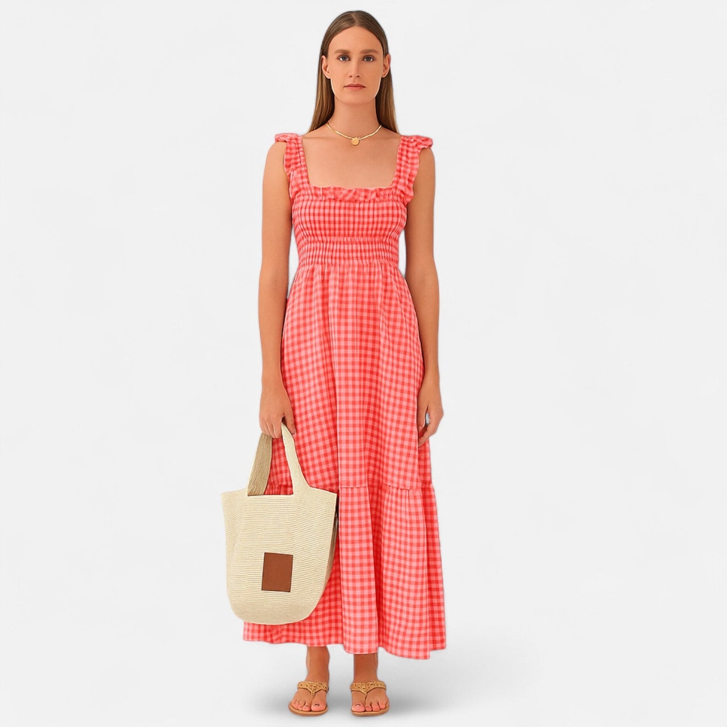 Auvier | Women’s Long Checked Dress with Smocking and Ruffled Sleeves – Countryside Charm, Modern Elegance