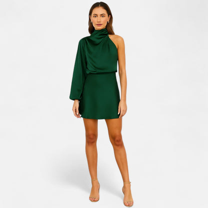 Auvier | One-Shoulder Satin Evening Dress – Sculptural Fluidity, Absolute Elegance