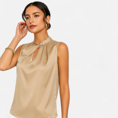 Auvier | Sleeveless Satin Blouse with Twisted Collar – Subtle Shine, Sculpted Elegance