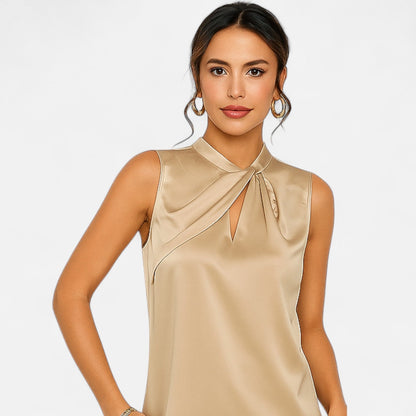 Auvier | Sleeveless Satin Blouse with Twisted Collar – Subtle Shine, Sculpted Elegance