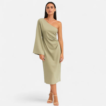 Auvier | Linen One-Shoulder Dress for Women – Asymmetrical Silhouette, Natural Elegance