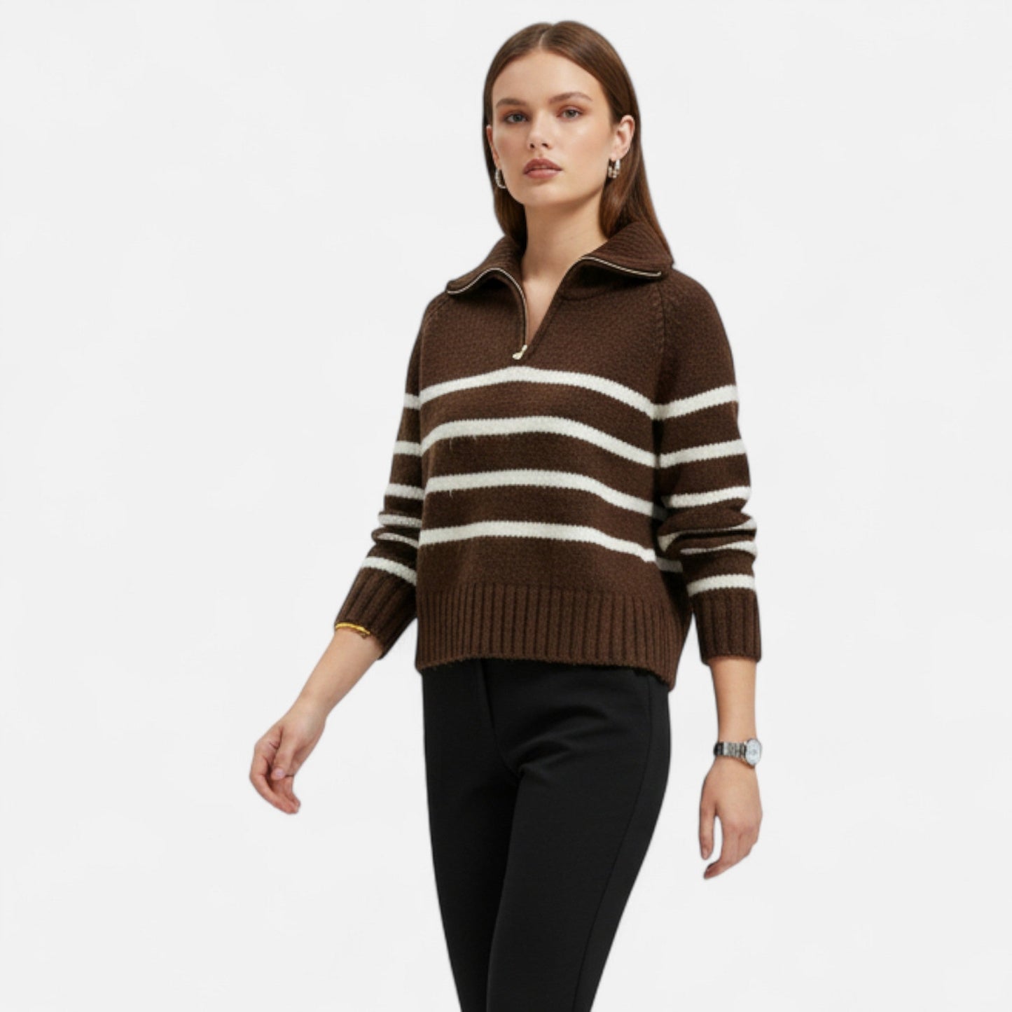 Auvier | Women’s Striped Half-Zip Turtleneck Sweater