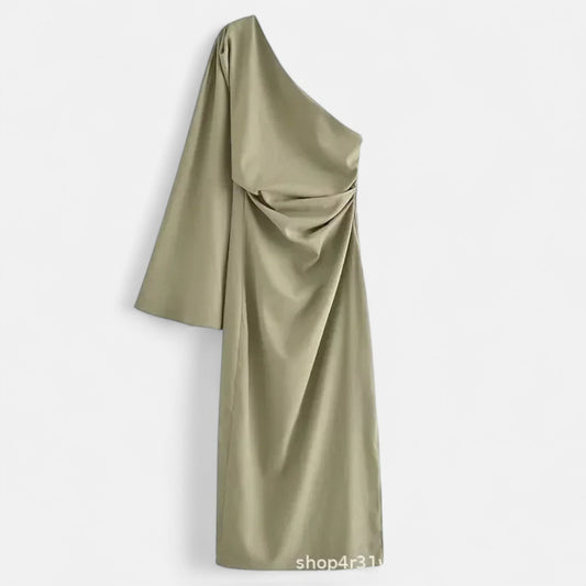Auvier | Linen One-Shoulder Dress for Women – Asymmetrical Silhouette, Natural Elegance