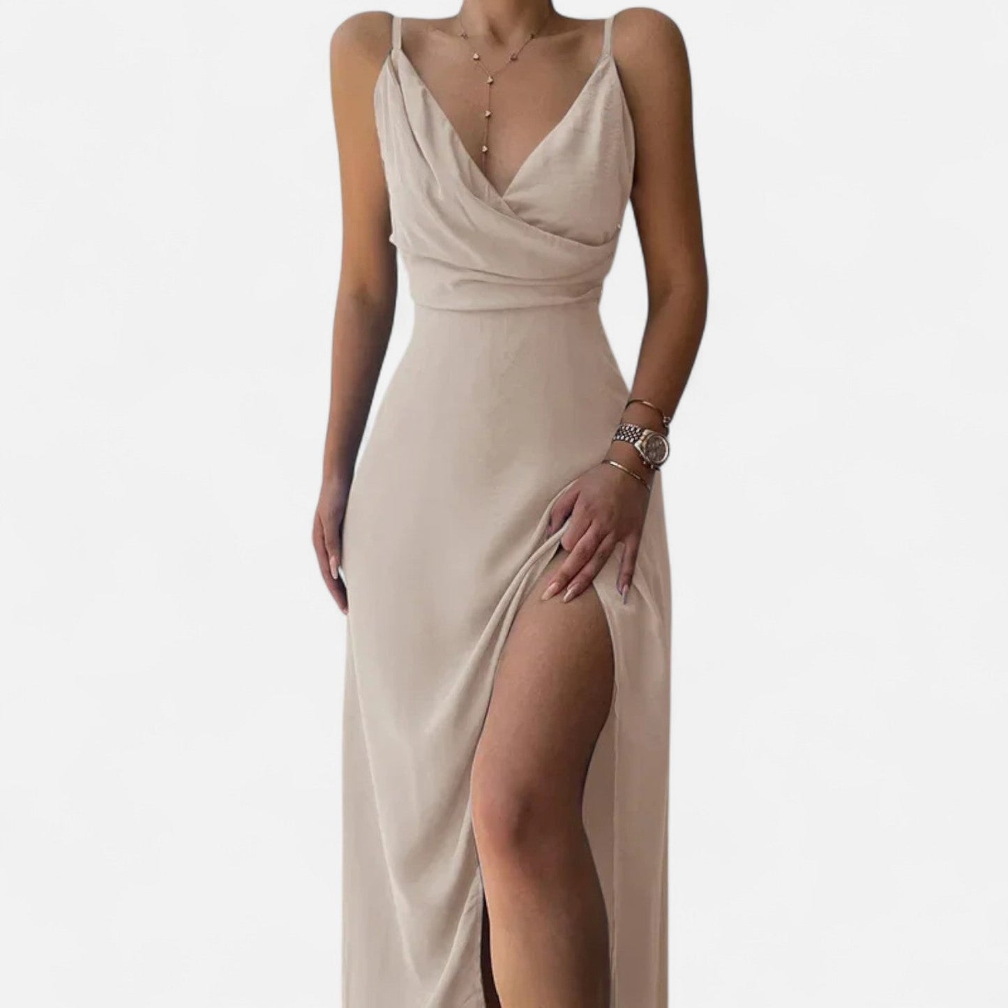 Auvier | Sleeveless V-Neck Dress with Side Slit – Clean Lines, Effortlessly Chic Style