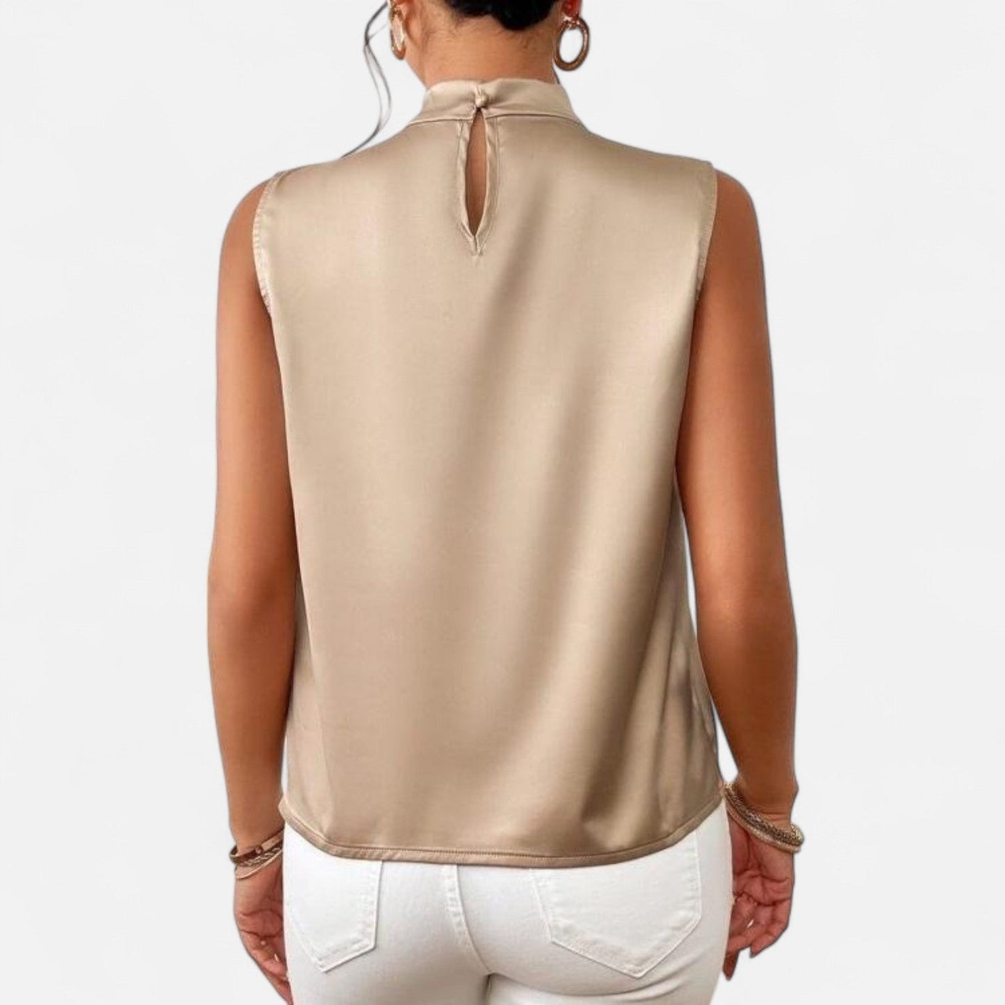 Auvier | Sleeveless Satin Blouse with Twisted Collar – Subtle Shine, Sculpted Elegance