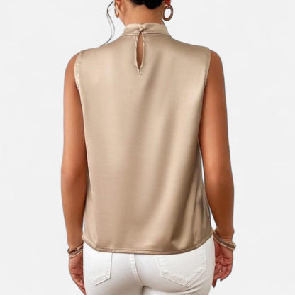 Auvier | Sleeveless Satin Blouse with Twisted Collar – Subtle Shine, Sculpted Elegance